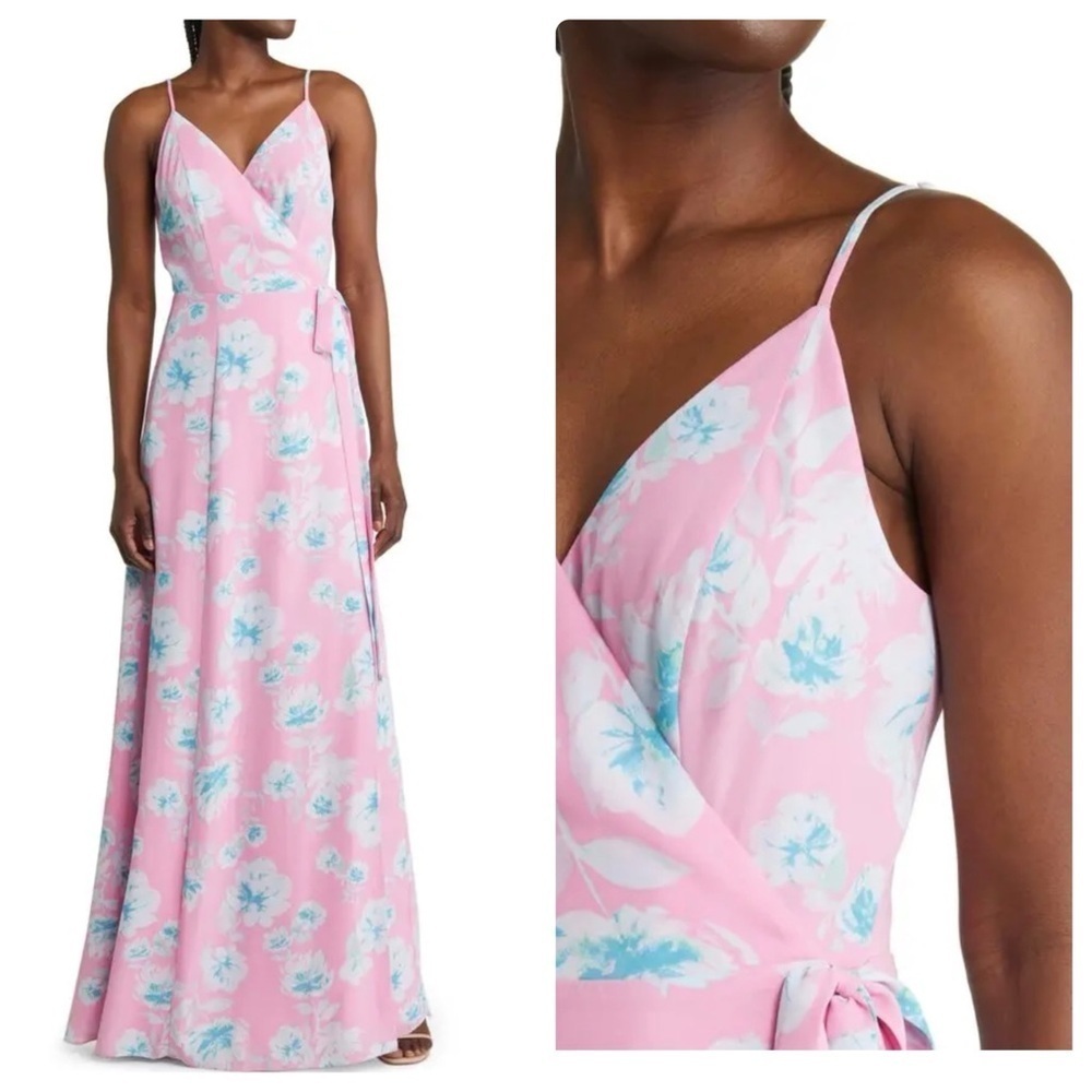 WAYF | Feminine Pink Mauve Floral Angelina Wrap Maxi Dress Gown | XS